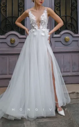 H1259 - Sexy Tulle A-Line Scoop Empire Sleeveless Appliques With Side Slit Train Wedding Dress