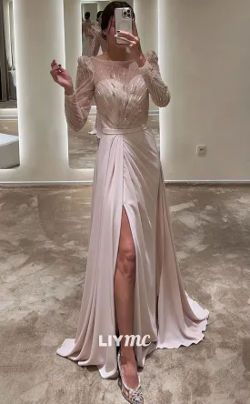 LP1840 - Bateau Long Sleeves Beaded Ruched Sleek Satin Sparkly Prom Dress