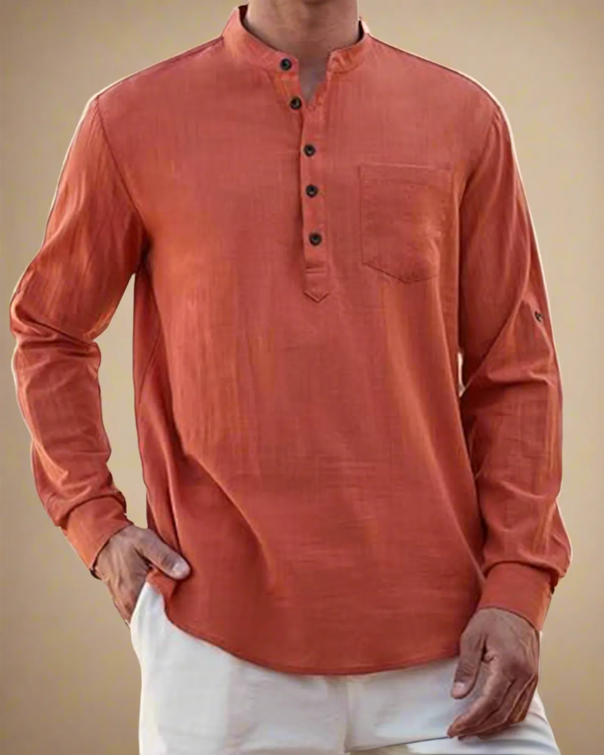 Men Burnt Orange Long Sleeve Henley Shirt