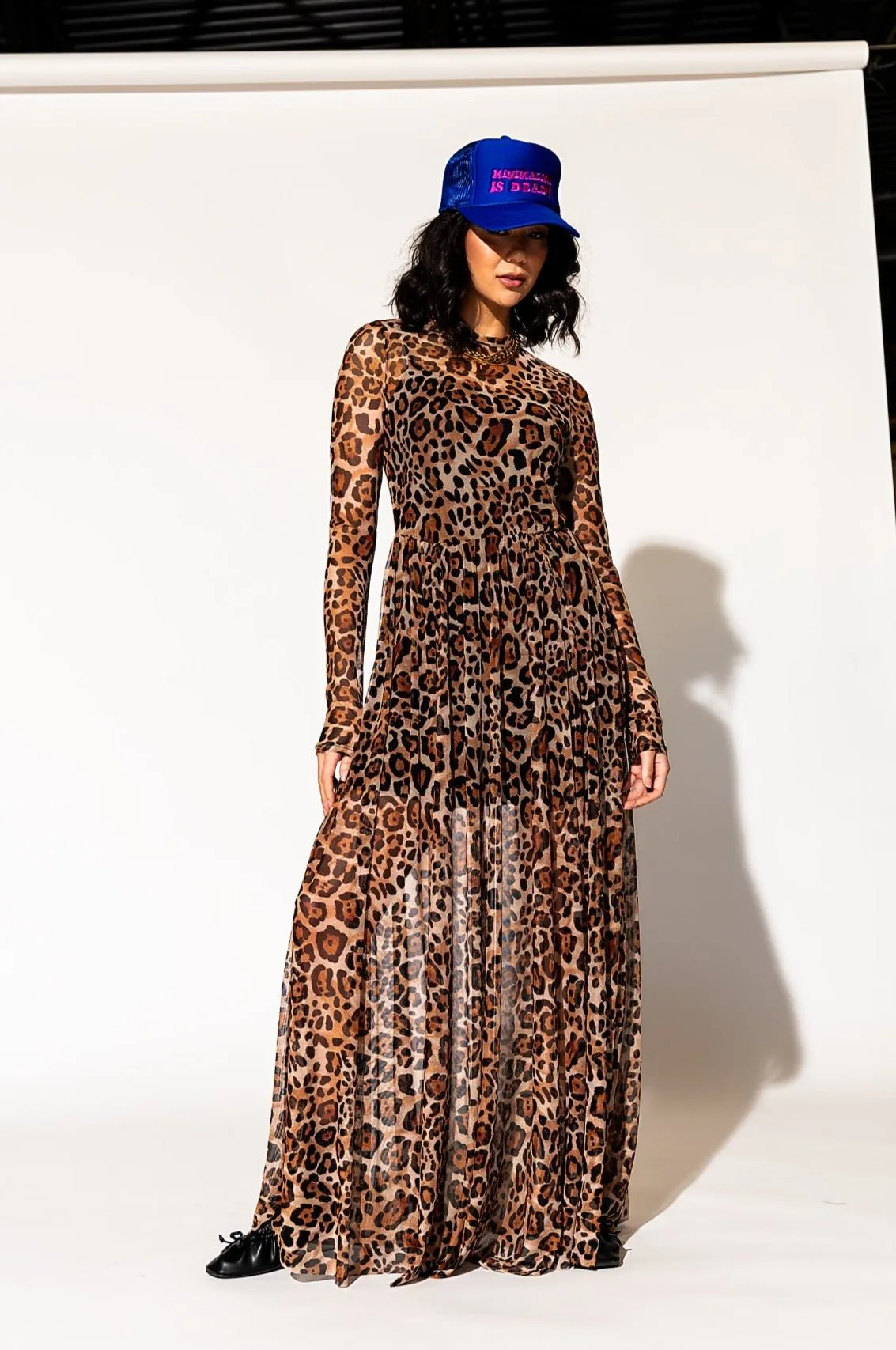Maximize Your Style with the Macro Leopard Mesh Maxi Dress