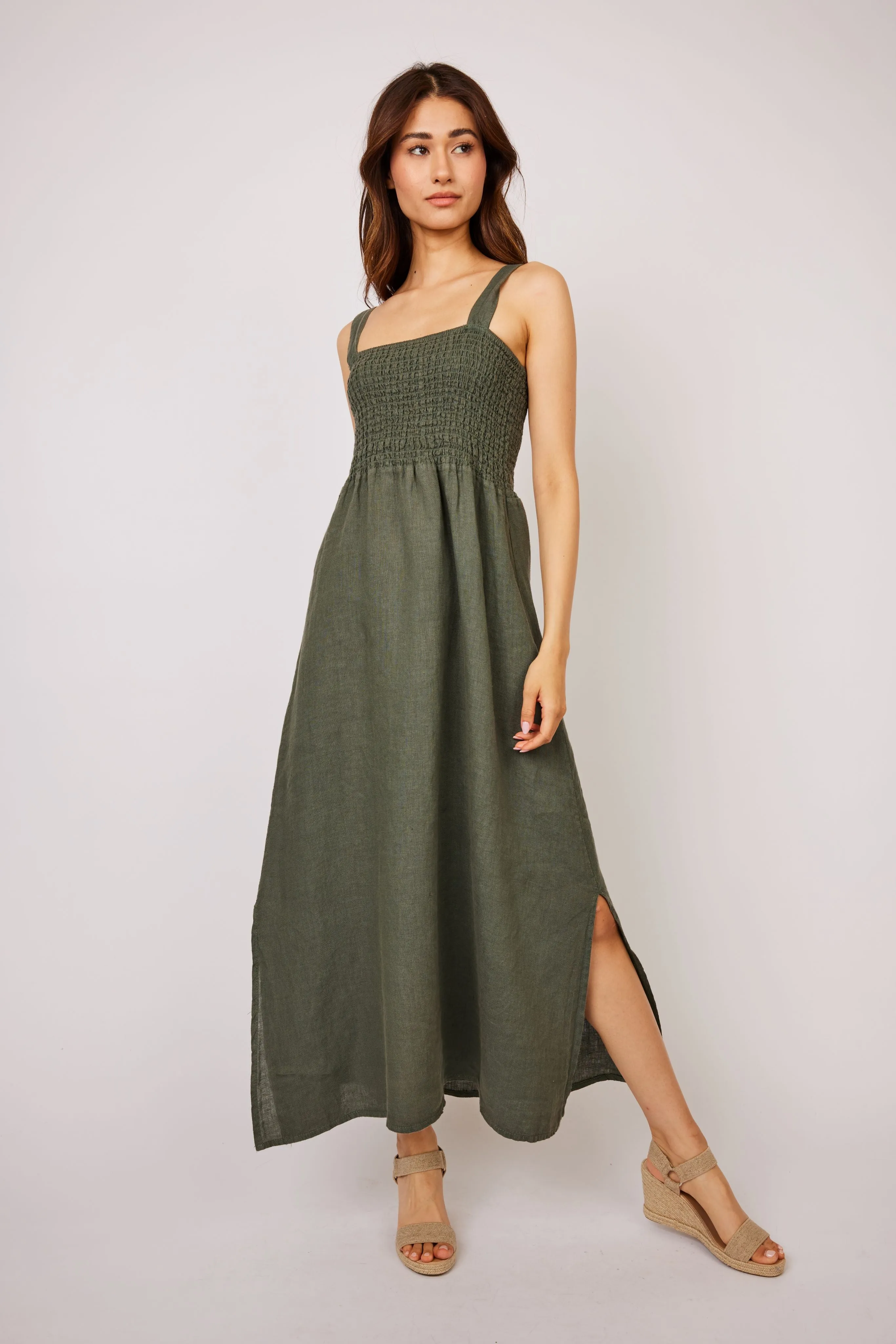 Pistache - Maxi Linen Bunched Top Sleeveless Dress - Safari