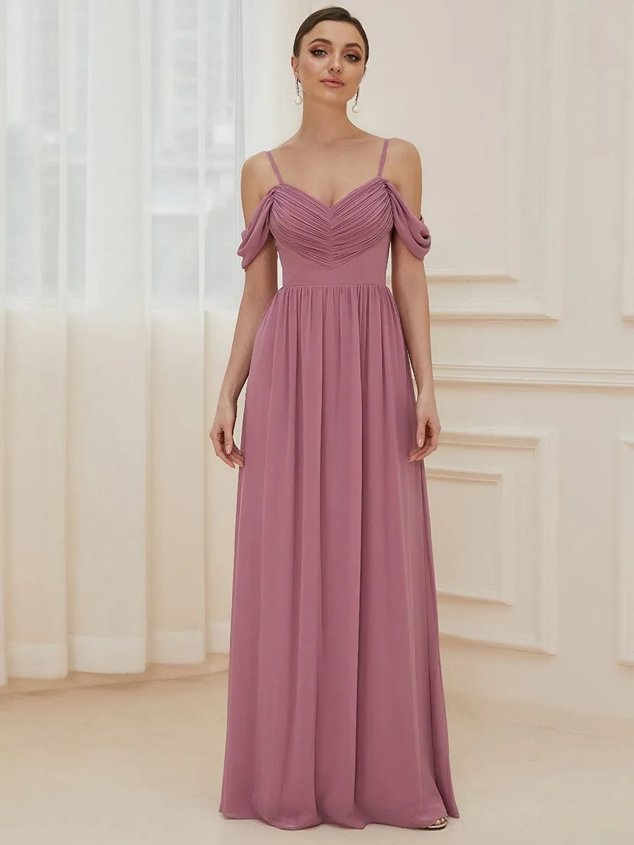 Pleated V-Neck Cold Shoulder Bridesmaid Dress