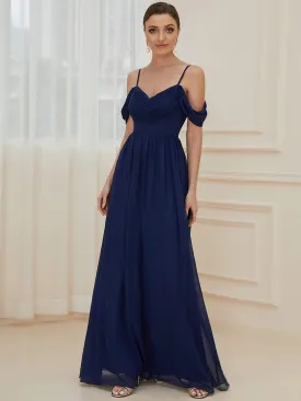 Pleated V-Neck Cold Shoulder Bridesmaid Dress