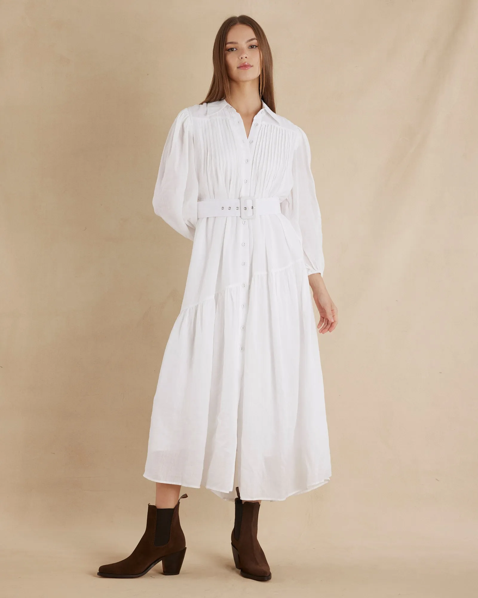 Poeta Ramie Pintuck Belted Dress - White