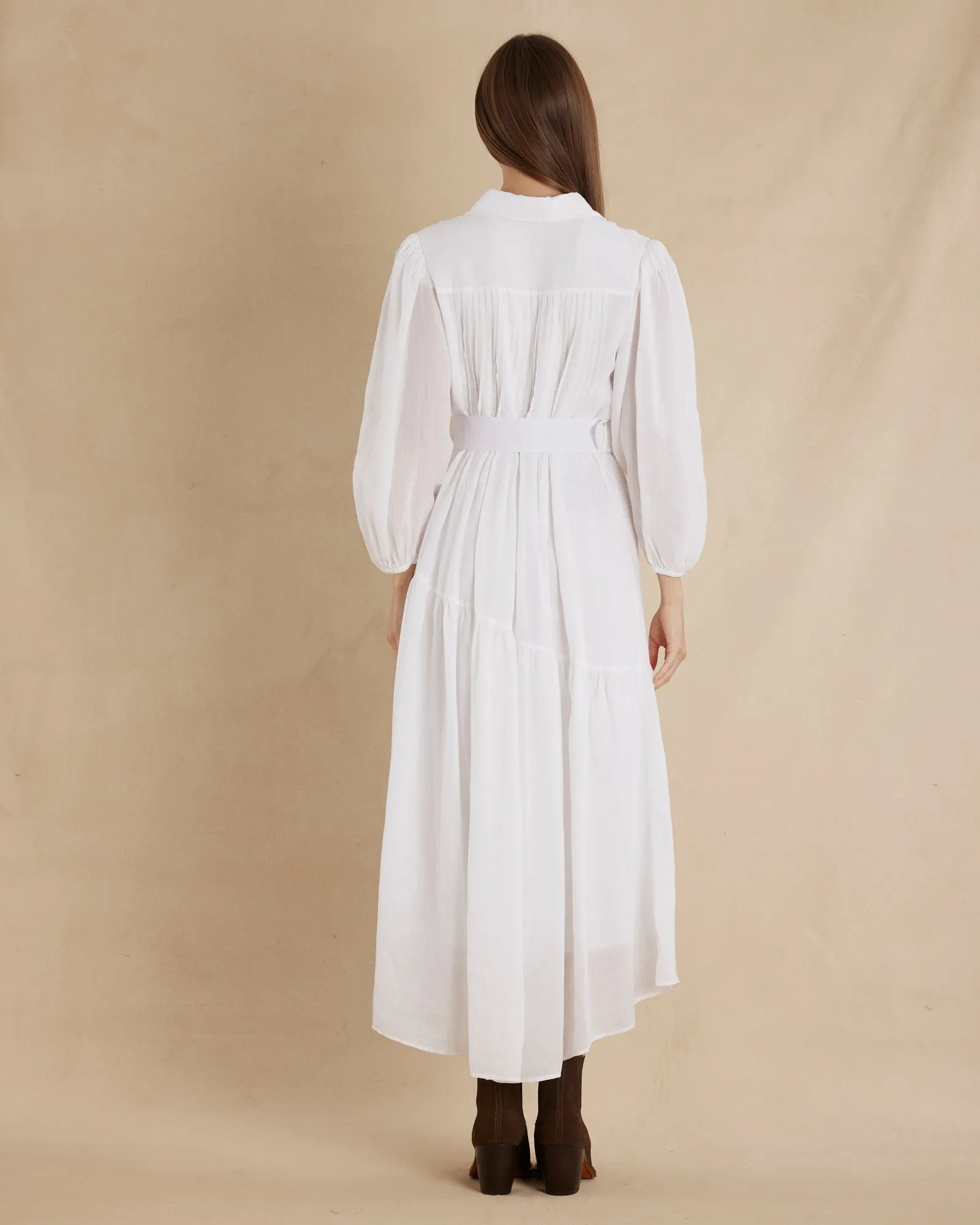 Poeta Ramie Pintuck Belted Dress - White