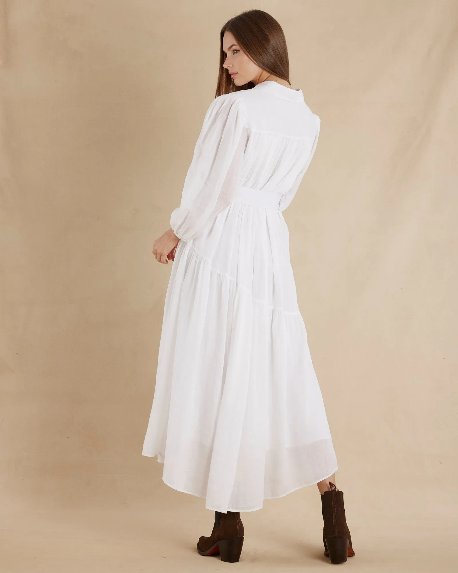 Poeta Ramie Pintuck Belted Dress - White