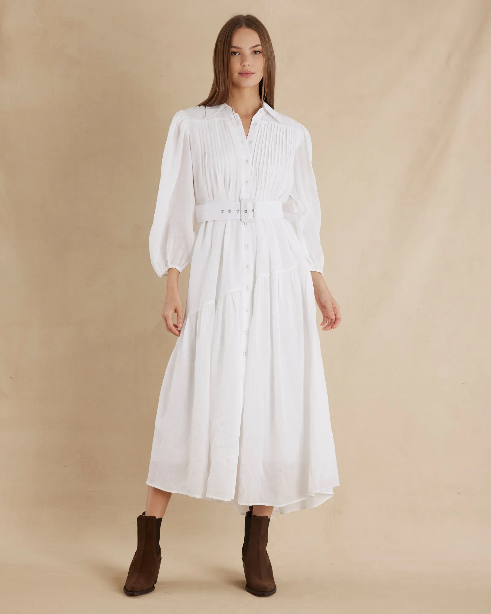 Poeta Ramie Pintuck Belted Dress - White