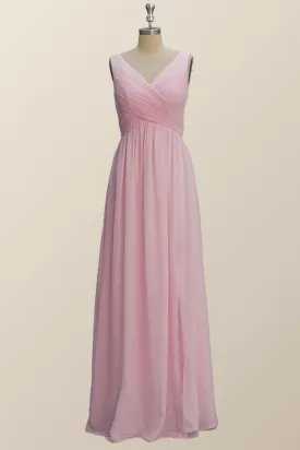 Princess Pink Pleated V Neck Long Bridesmaid Dress