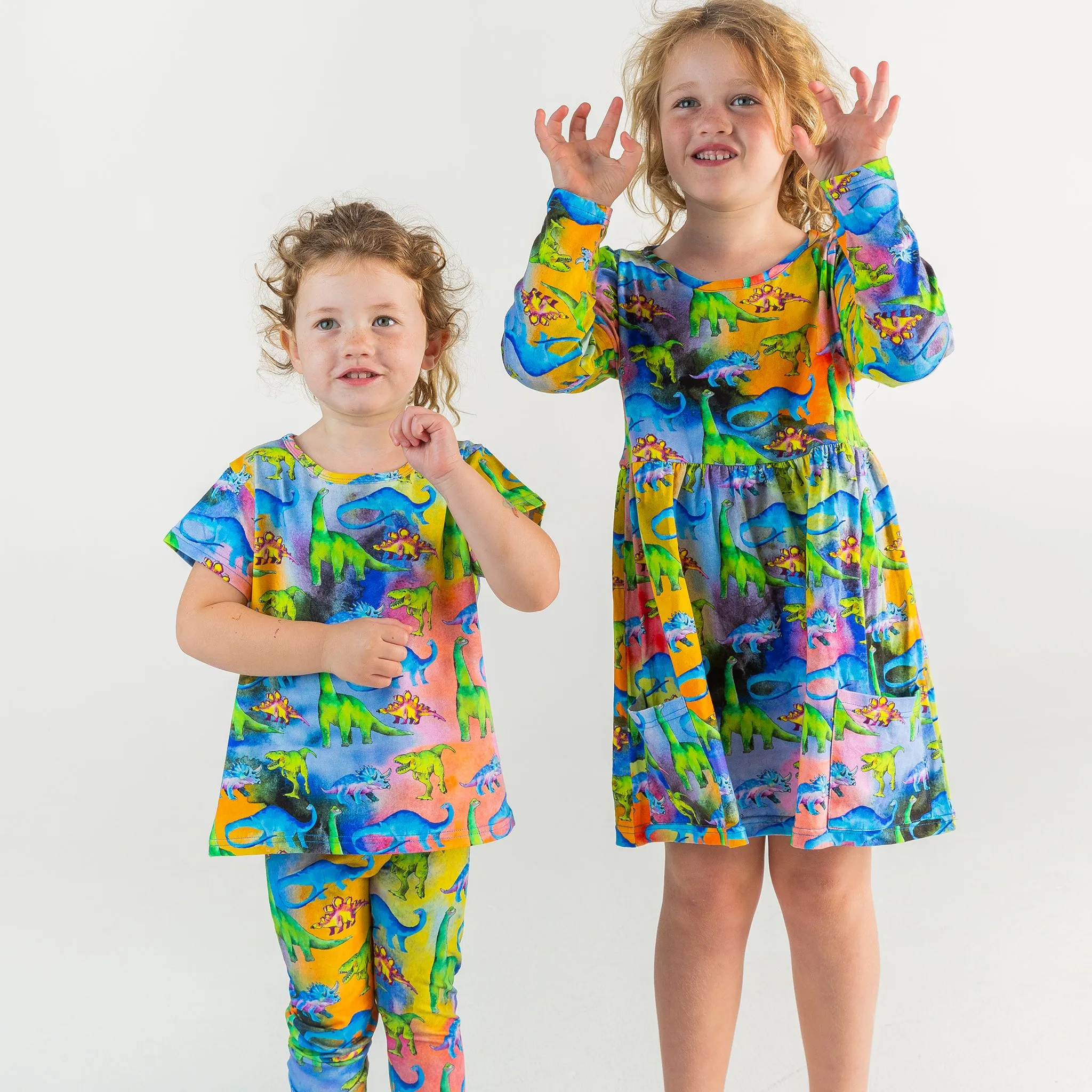 Rainbow-saurus Long Sleeve Pocket Dress