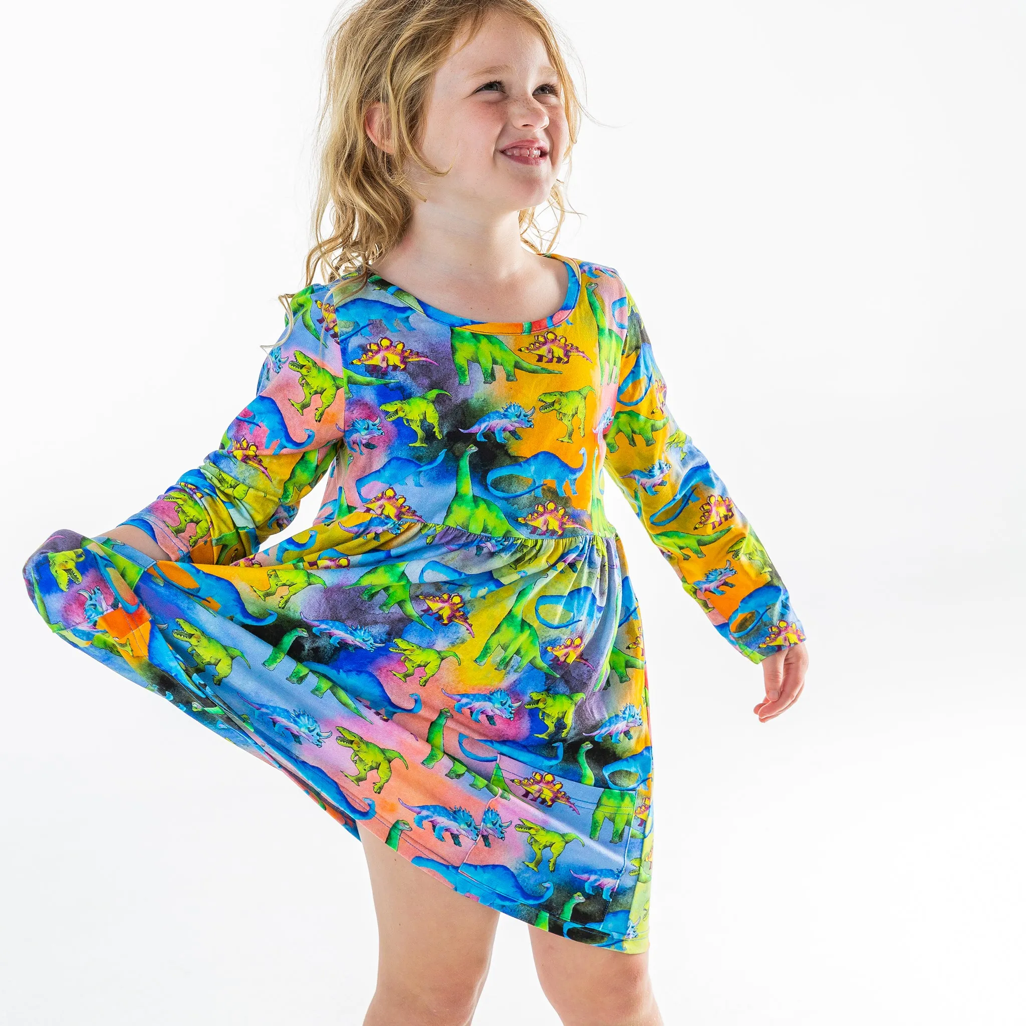 Rainbow-saurus Long Sleeve Pocket Dress