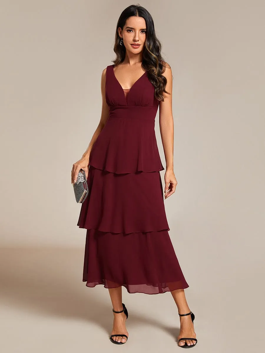 Sleeveless Tiered Hem V-Neck Chiffon Wedding Guest Dress