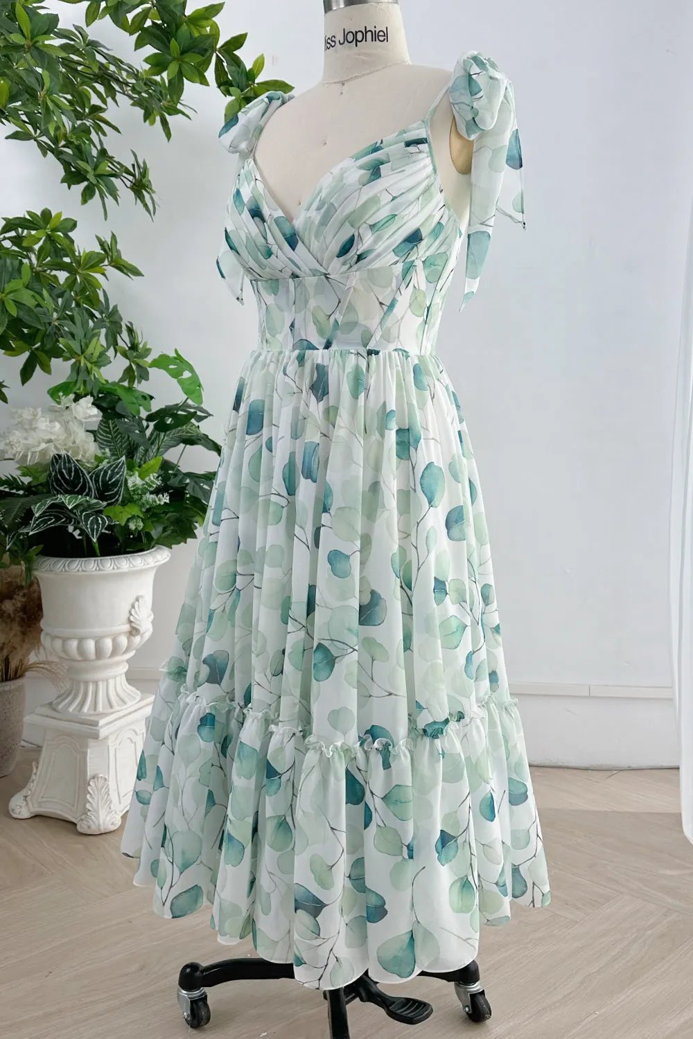 Spaghetti Straps Corset V Neck Floral Chiffon Tiered Dress