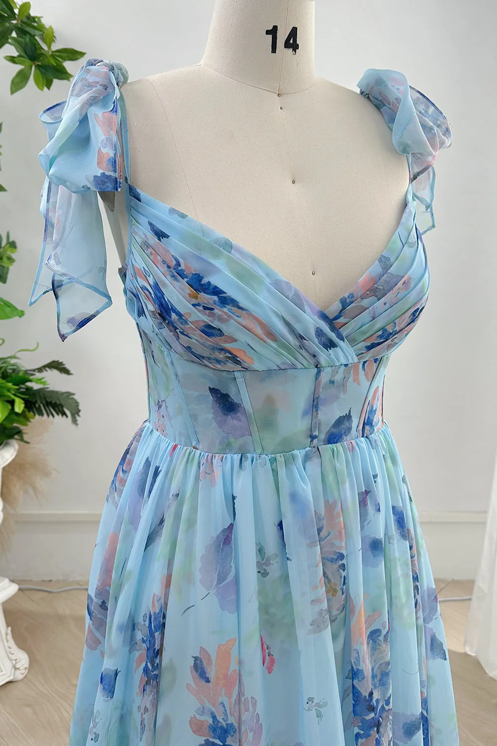 Spaghetti Straps Corset V Neck Floral Chiffon Tiered Dress