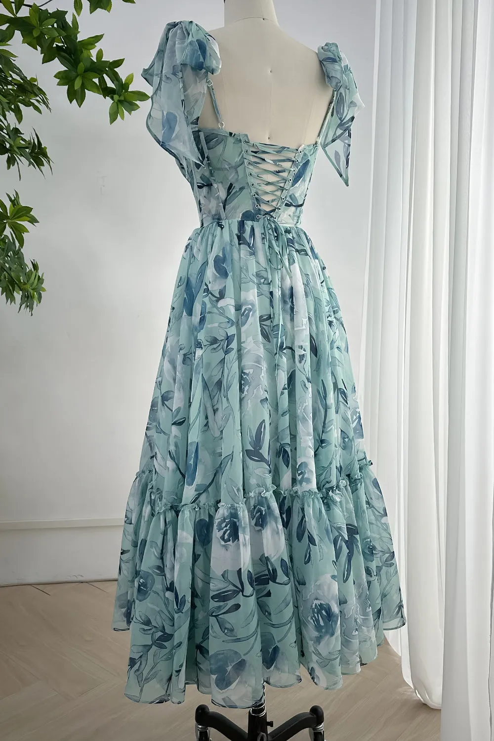 Spaghetti Straps Corset V Neck Floral Chiffon Tiered Dress