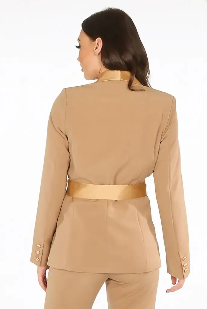 Tailored Belted Blazer With Satin Lapel