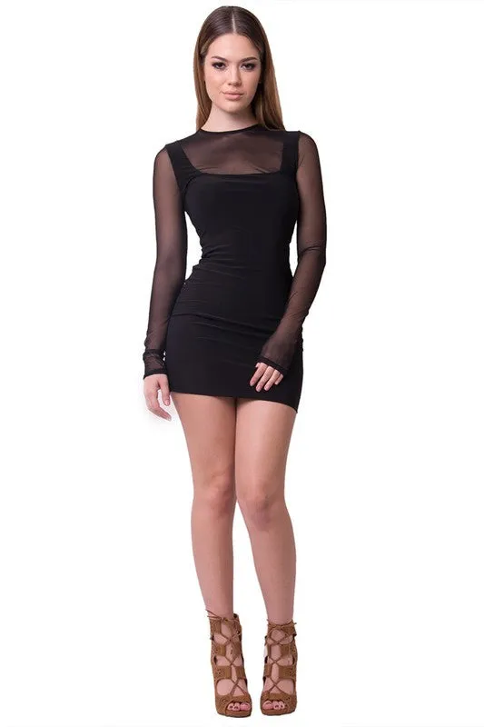 THE MYSTYLEMODE BLACK DOUBLE LINED TANK LONG SLEEVE MESH MINI DRESS