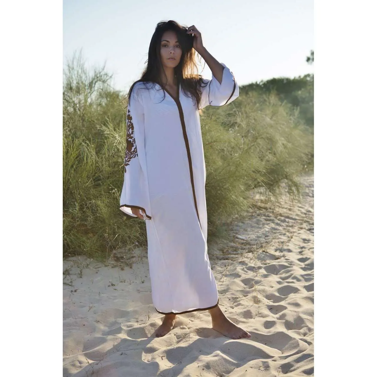 White Beige Floral Moroccan Embroidery Rose Kaftan-Moroccan Kaftan