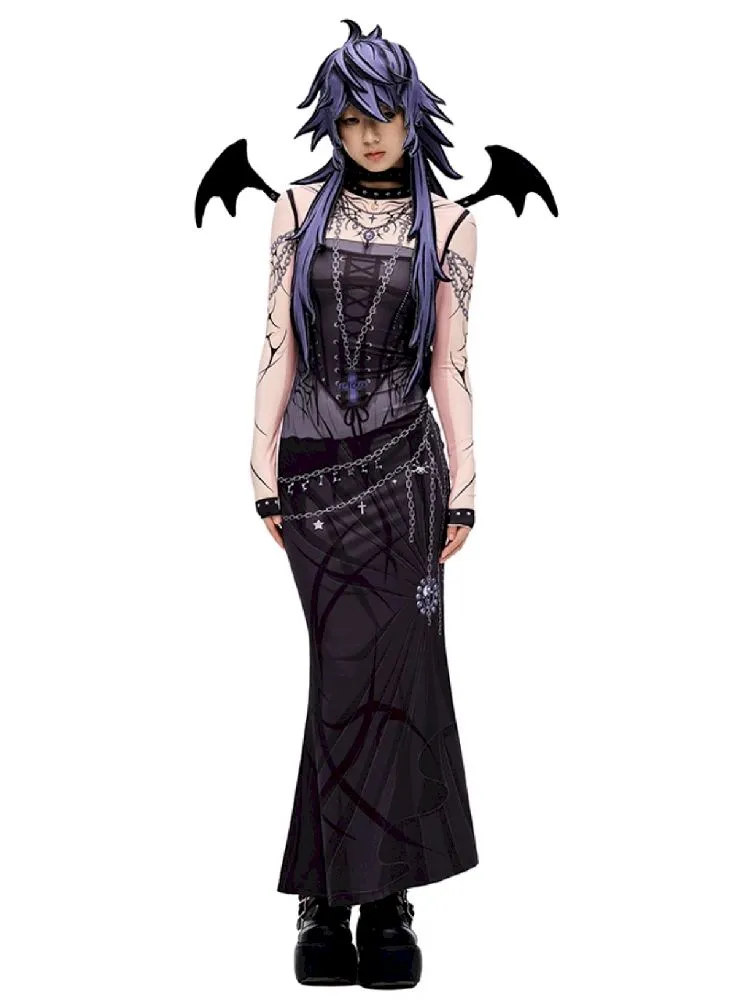Witch Print Long Sleeve Fishtail Dress【s0000010231】