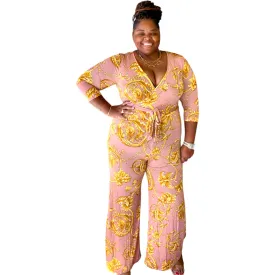 Women's Plus Size Gold Chain Faux Wrap Jumpsuit Dress