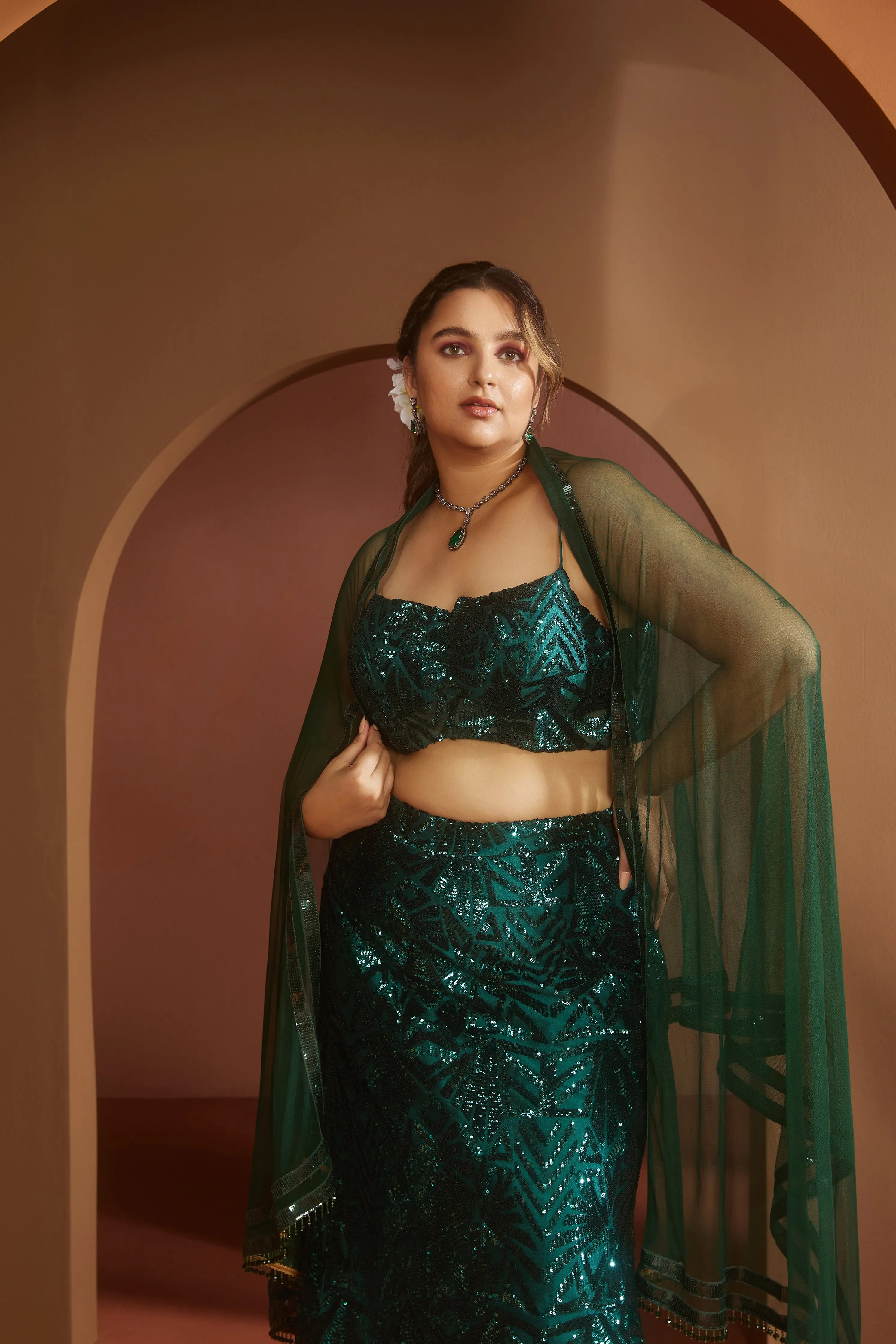 Zaitra Emerald Green Sequin Lehenga